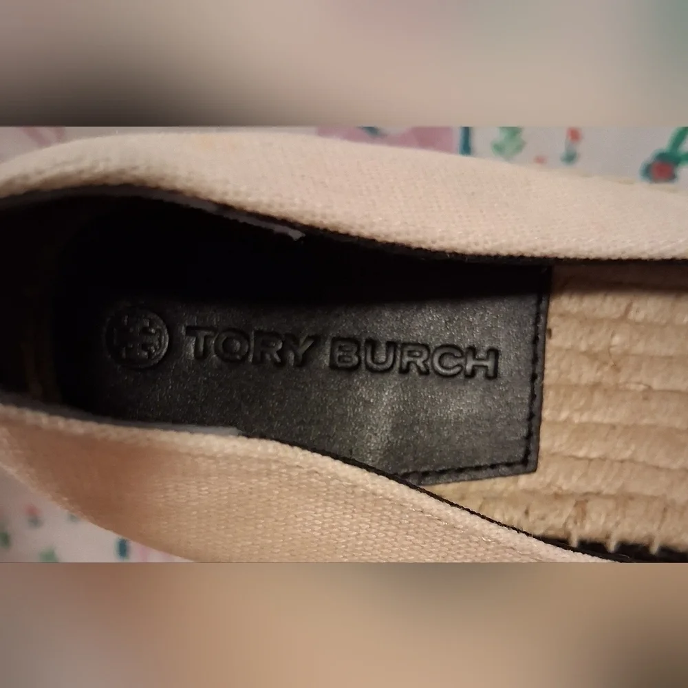 EUC Tory Burch Black Leather & Beige Canvas Casual Boho Wedge Heel Shoe SZ 6M